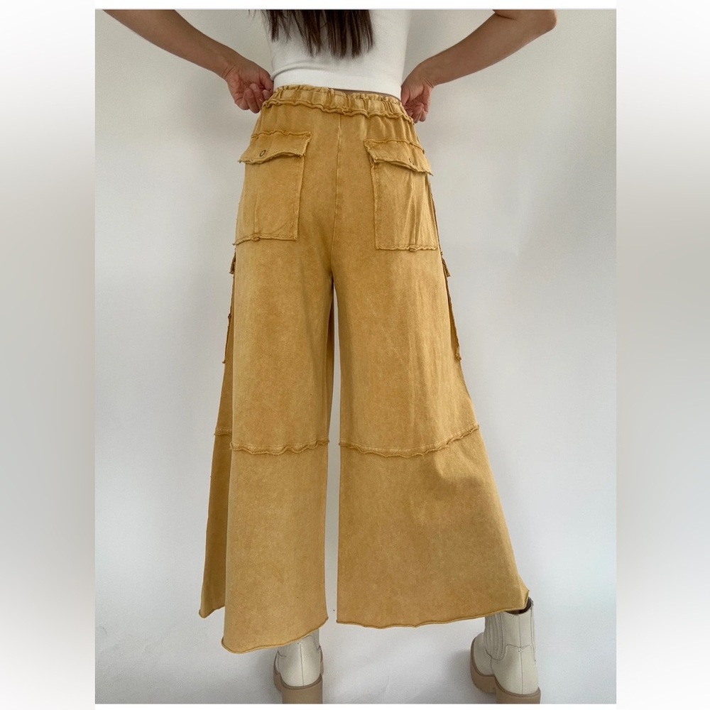 111. NWT easel Mustard Yellow Wide-Leg Cargo Pants - Picture 3 of 5